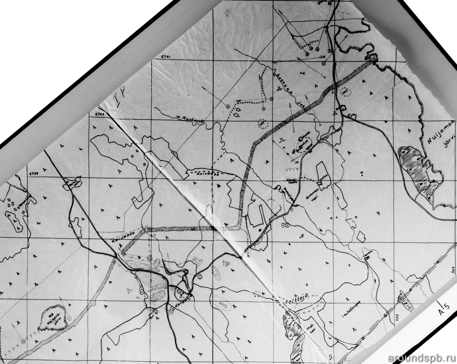 Выборгский укрепрайон. Финская разведсхема с обозначенными долговременными огневыми точками в районе мыза Кананоя - д.Мюллюсильта