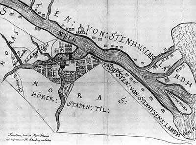 Ниеншанц и город Ниен с окружающими его владениями Стеена фон Стеенхузена. Около 1650 г. Военный архив. Стокгольм