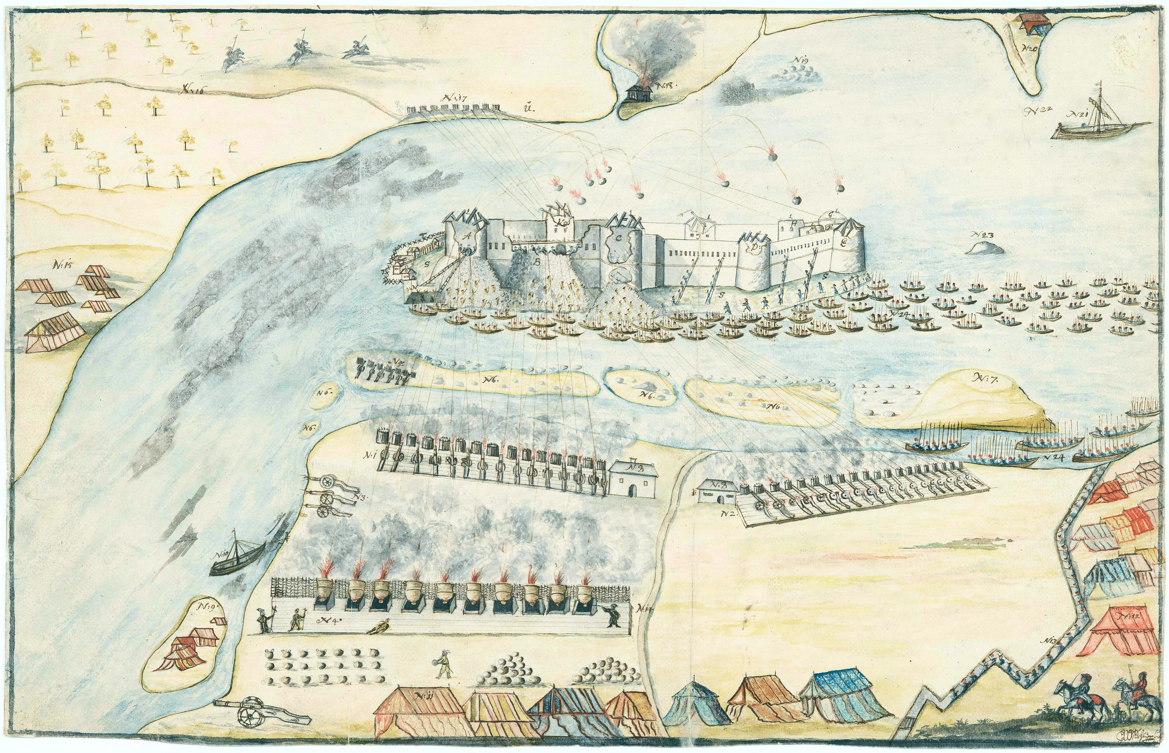 Карты Окрестностей Петербурга: Крепость Нотебург, осада русскими войсками - 1702