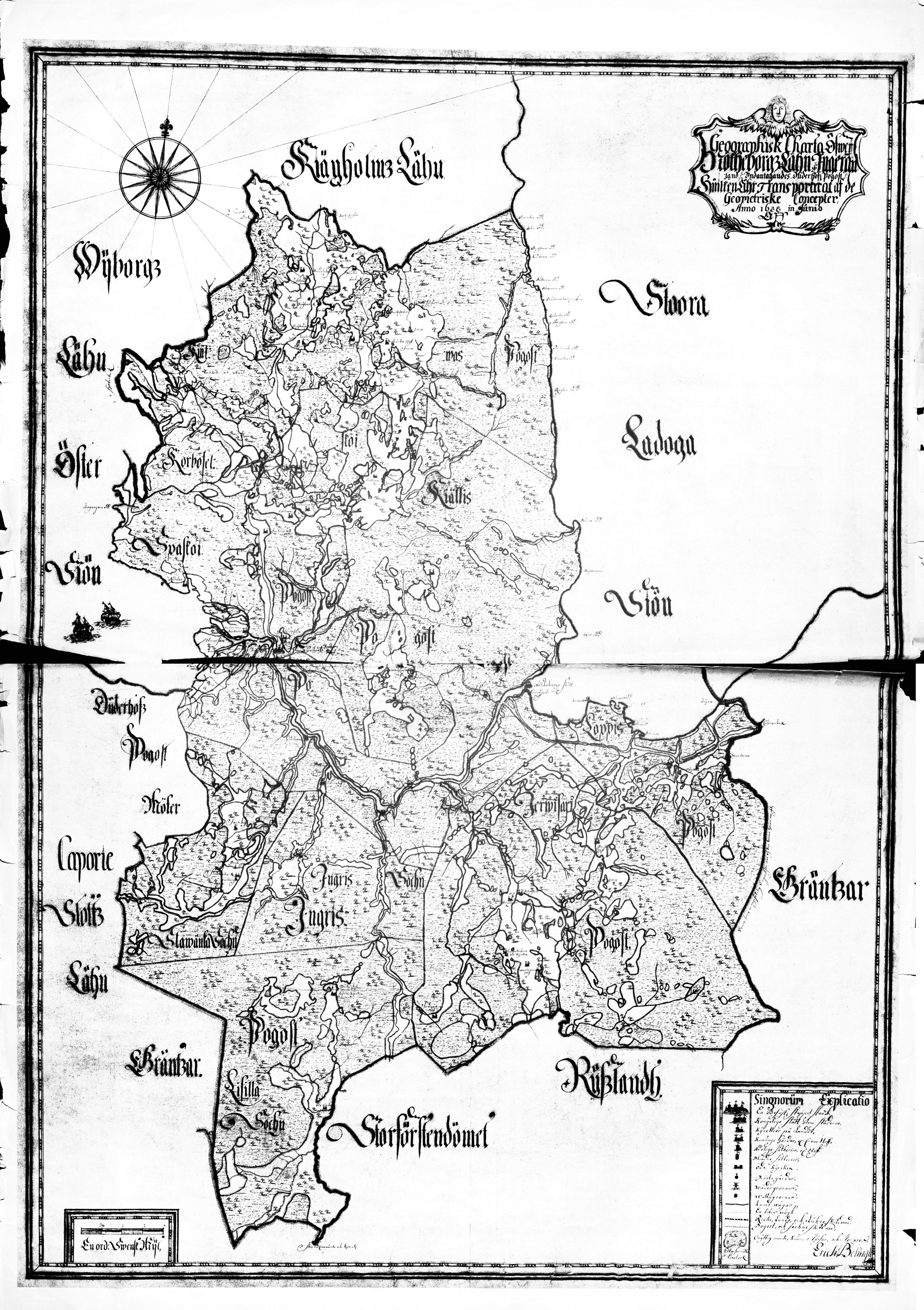 Географическая карта района Нотеборга в Ингрии. 1688 год.