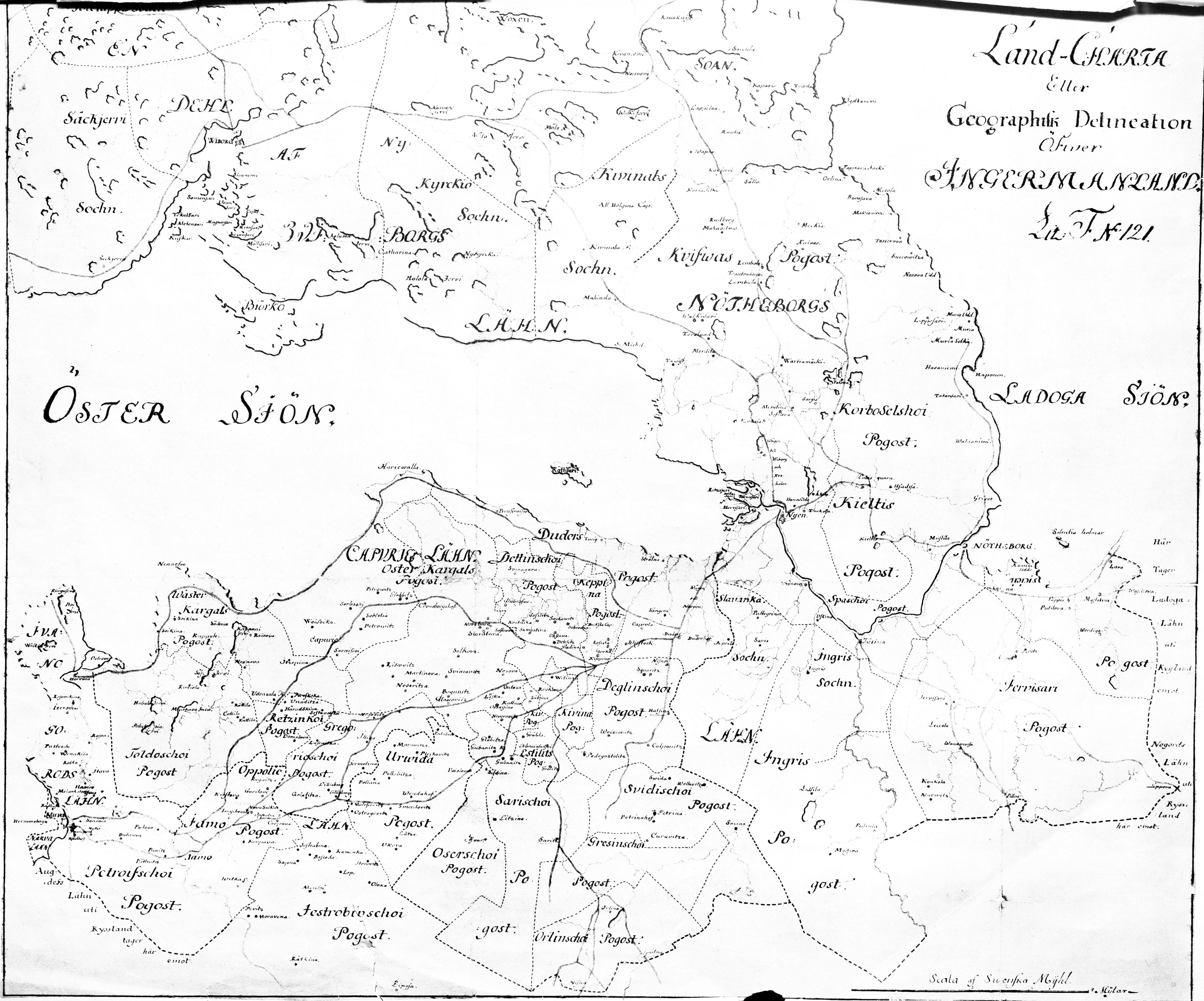Карта административного деления Ингрии. 1699 год.