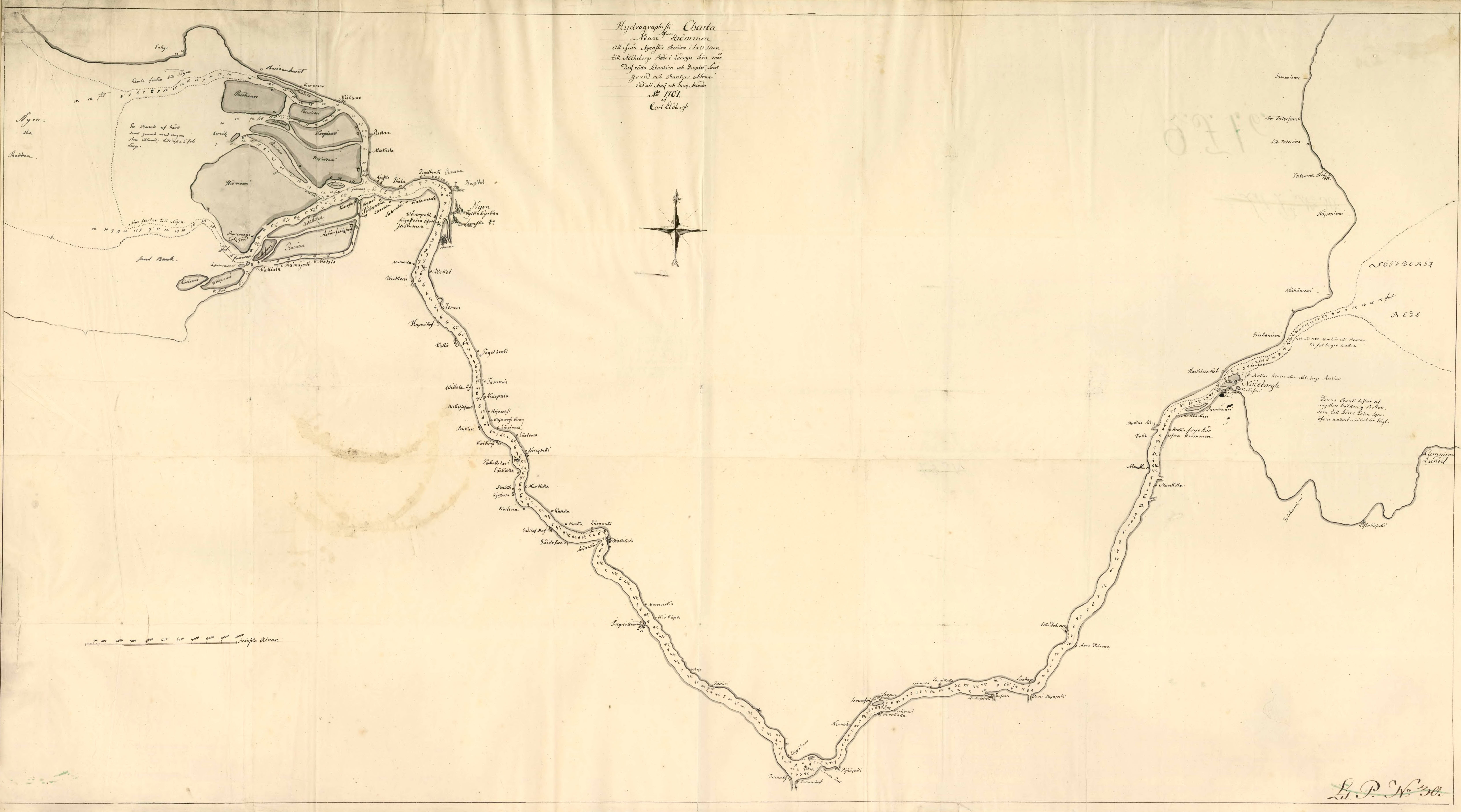 Гидрографическая карта реки Невы от рейда Ниен в Соленом море до Нотеборга. 1701 год.