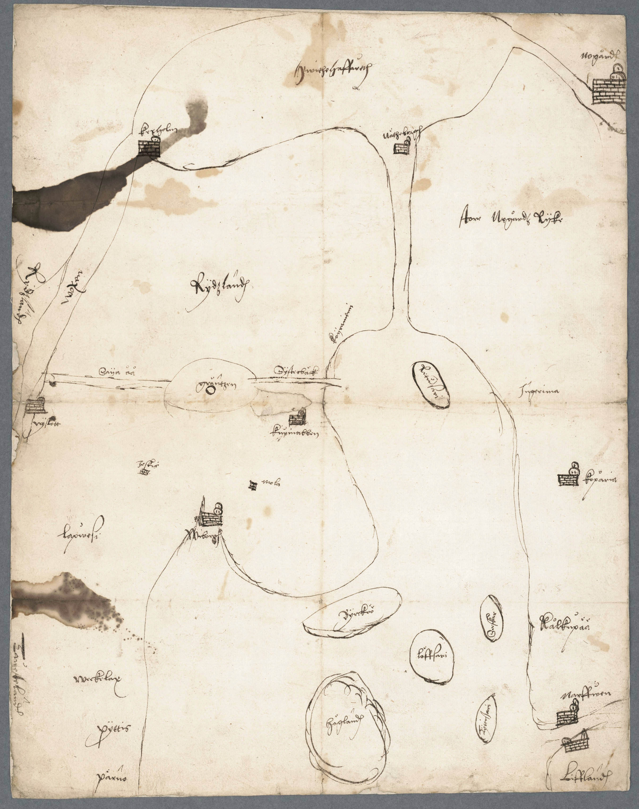 Эскиз местности вокруг восточной части Финского залива и Ладожского озер. 1595 год.