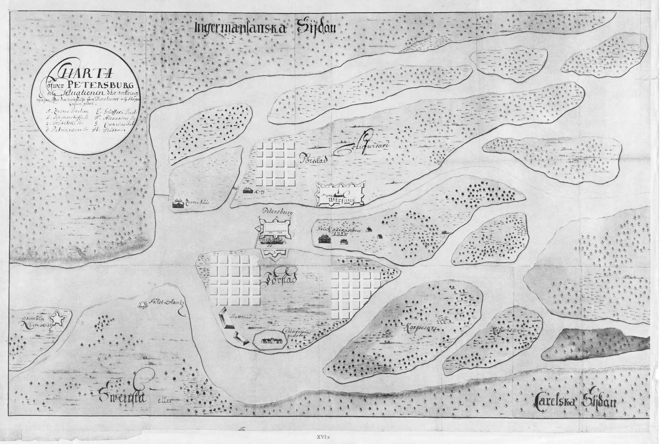Карта Петербурга с окрестностями, составленная по свидетельствам дезертиров и военнопленных. 1708 год.