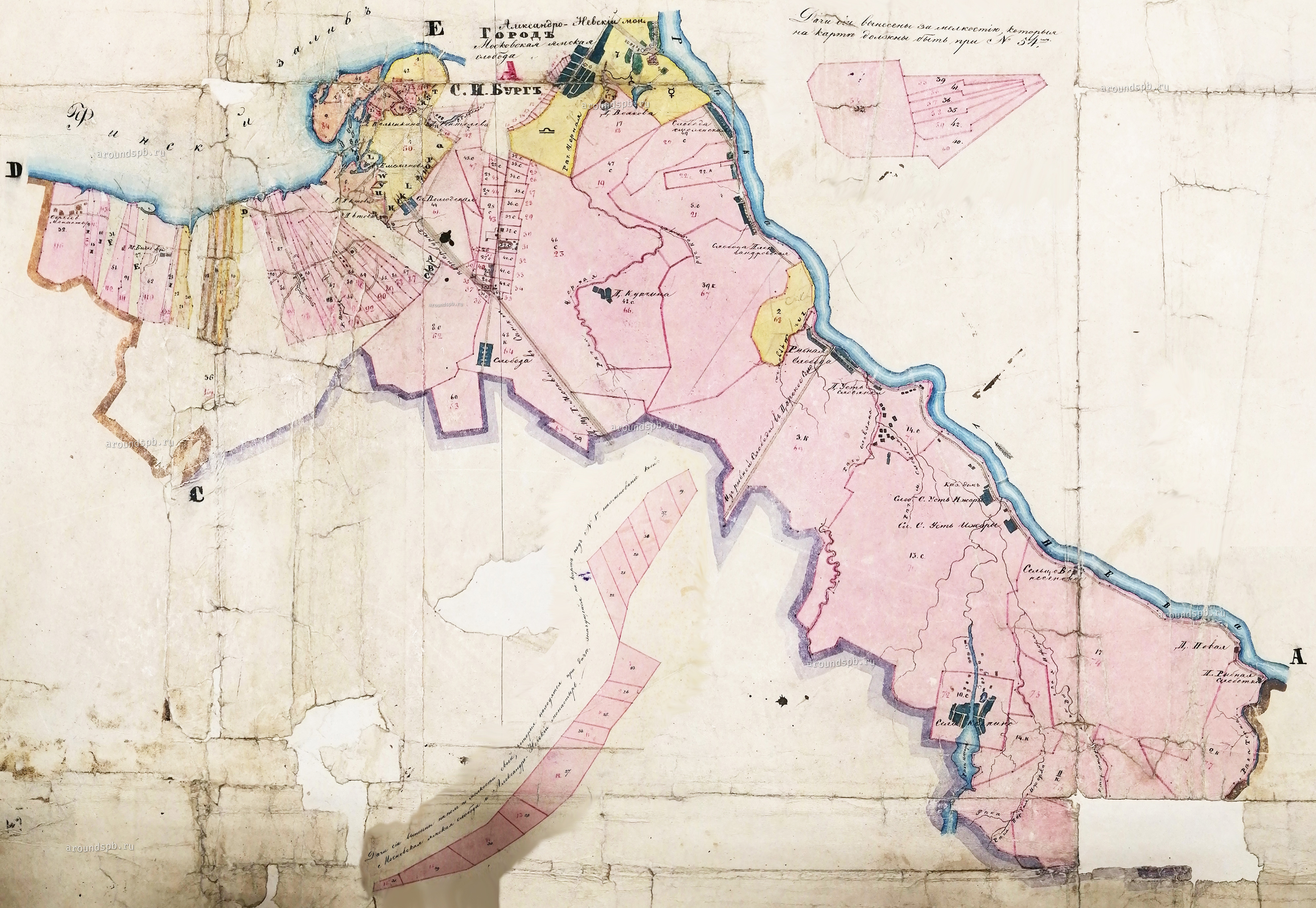 Карта Санкт-Петербургского уезда. С наложением дач по межеваниям. По левую сторону реки Невы. 1846 год