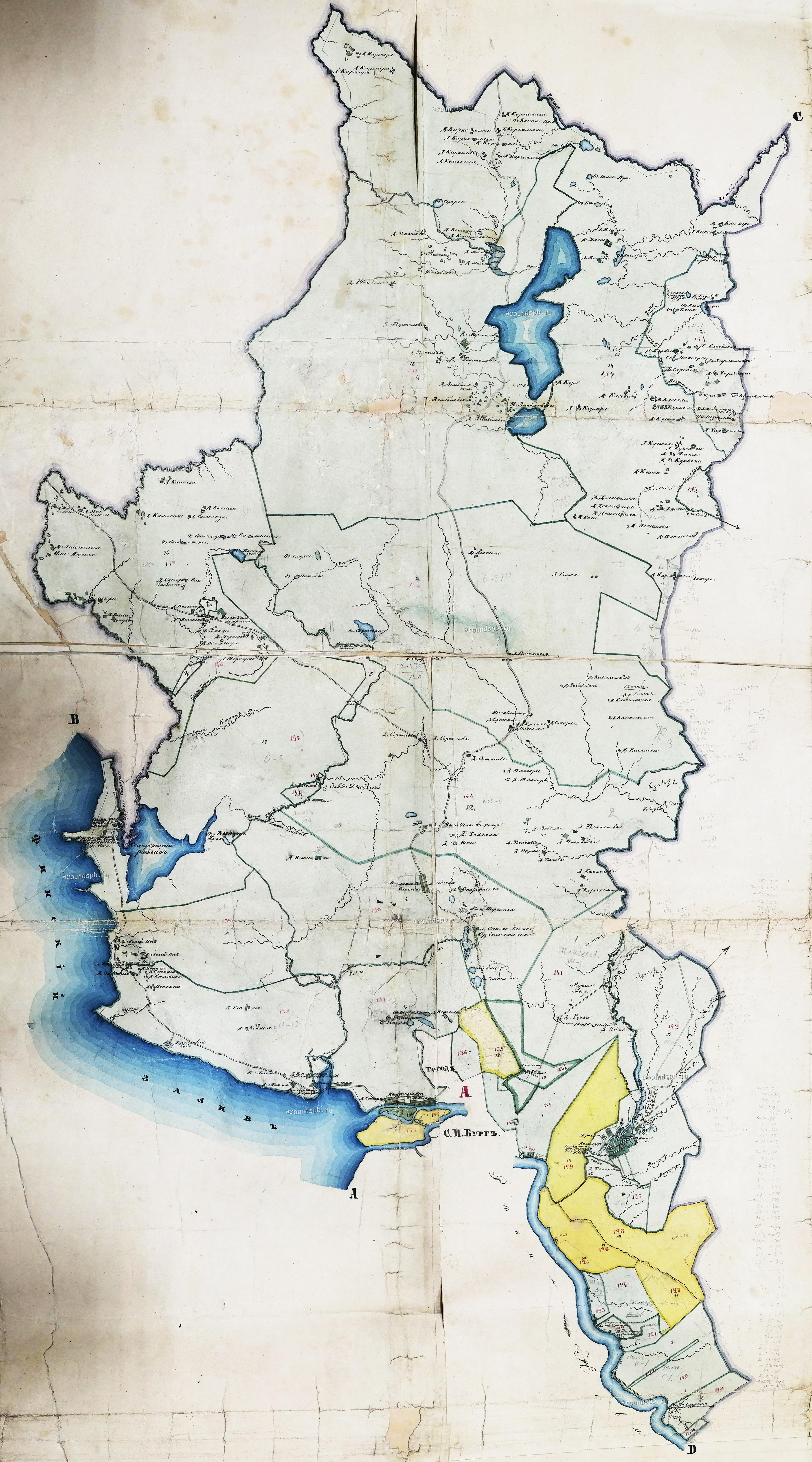Карта Санкт-Петербургского уезда. С наложением дач по межеваниям. По правую сторону реки Невы. 1846 год